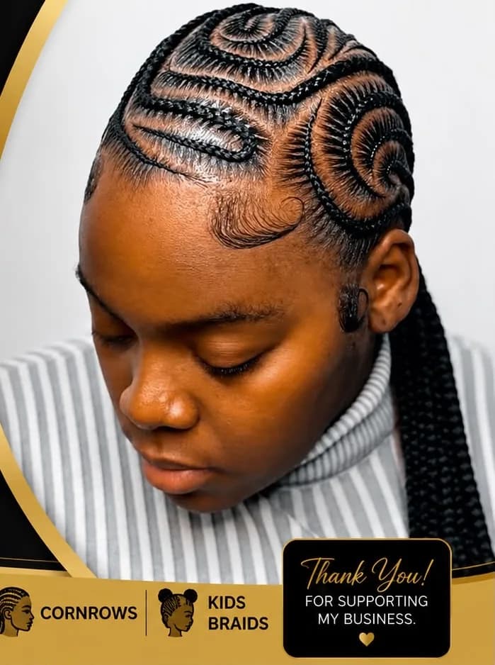 Stitch cornrows in swirl patterns